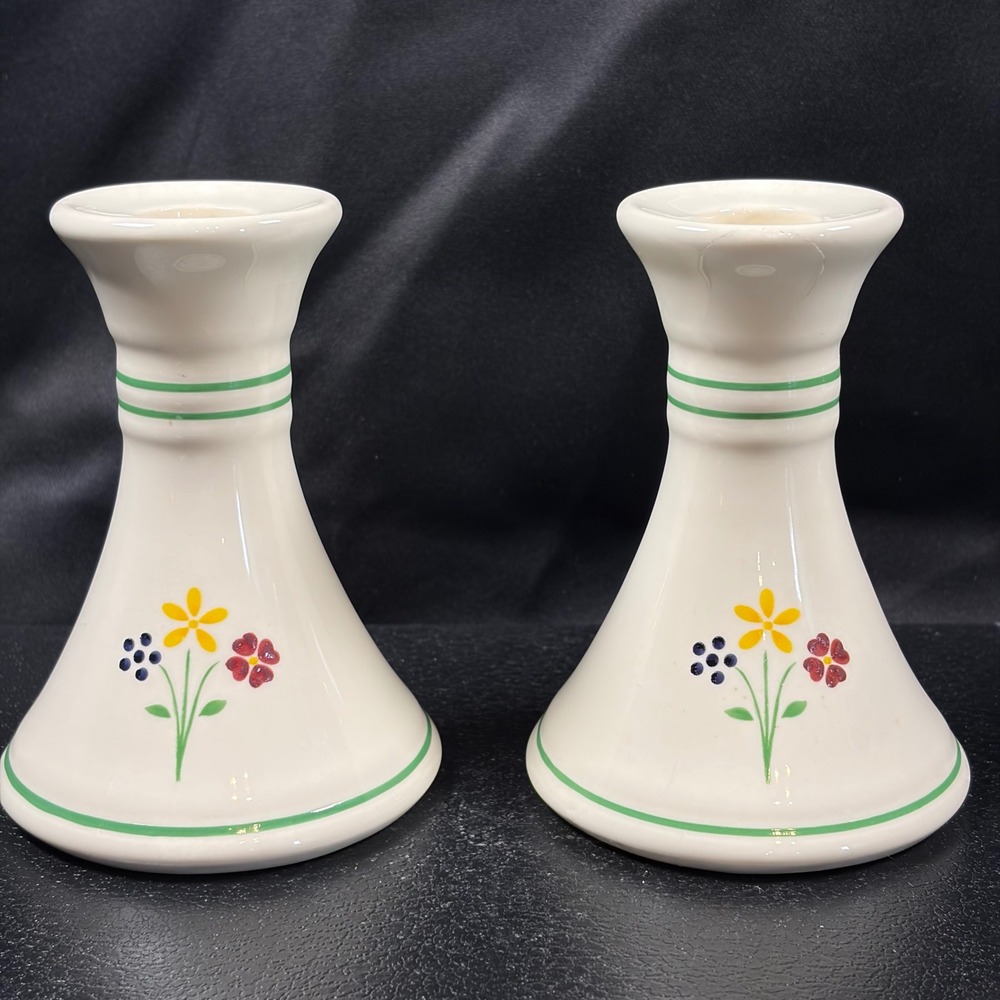 Vintage Hand Painted Ceramic Candlestick Pair Signed Studio Pottery Floral Decor